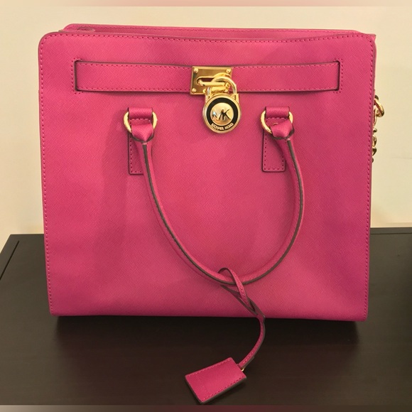 MICHAEL MICHAEL KORS HAMILTON BAG LG TOTE GENUINE LEATHER FUSCHIA With Dust Bag - Picture 4 of 7